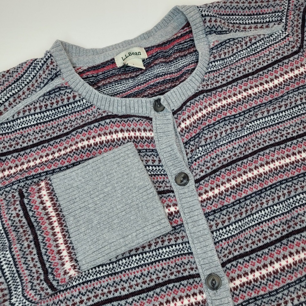 LL Bean Cardigan Womens L Petite Grey Fair Isle Cotton Cashmere Knit Sweater